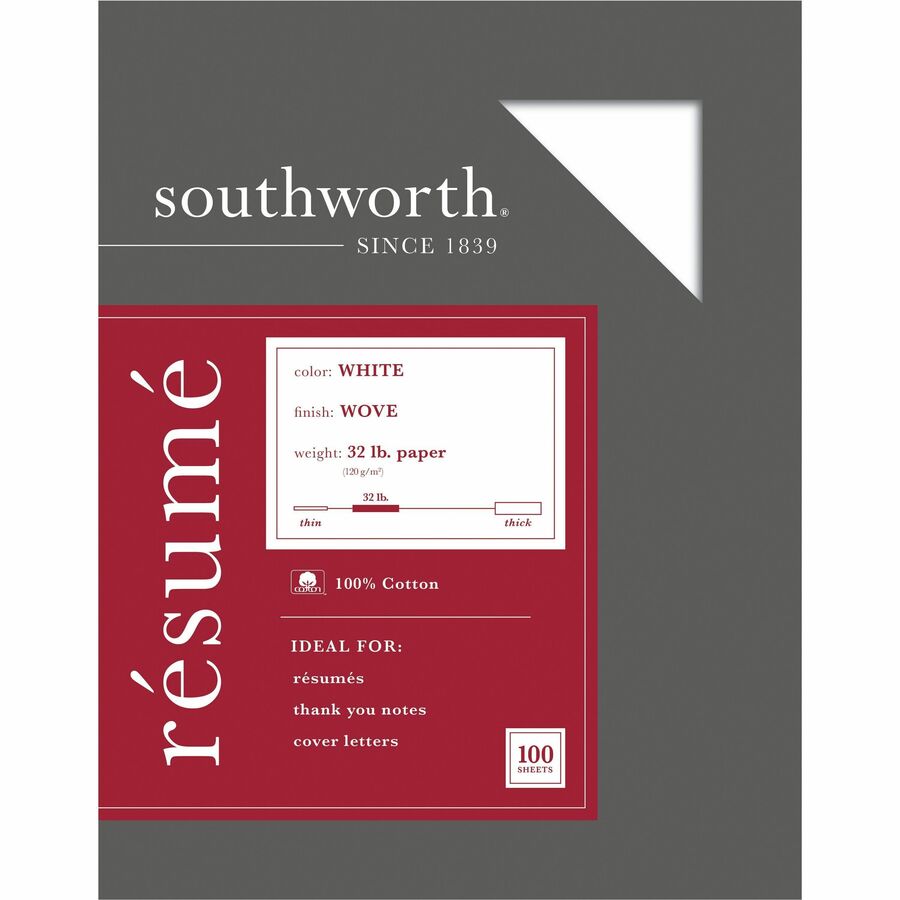 Southworth 100% Cotton Resume Paper - Letter - 8 1/2" x 11" - 32 lb Basis Weight - Wove - 100 / Box - Acid-free, Watermarked