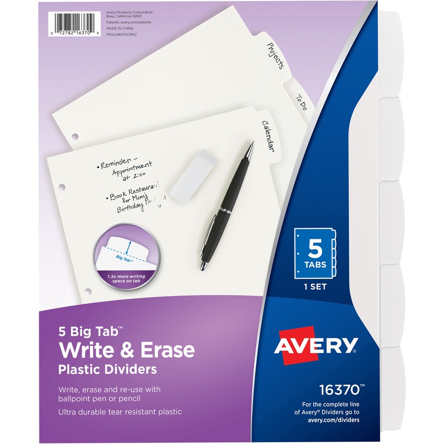 Avery® Big Tab Write & Erase Dividers - 5 x Divider(s) - Write-on Tab(s) - 5 - 5 Tab(s)/Set - 8.5" Divider Width x 11" Divider Length - 3 Hole Punched - White Plastic Divider - White Plastic Tab(s) - 3
