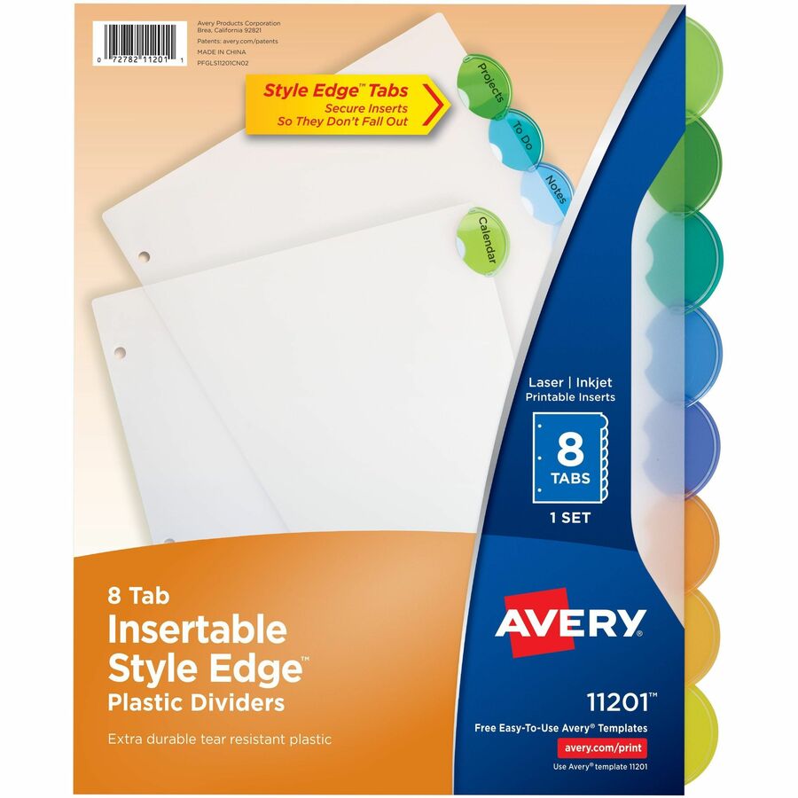 Avery® Style Edge Insertable Dividers - 8 x Divider(s) - 8 - 8 Tab(s)/Set - 8.5" Divider Width x 11" Divider Length - 3 Hole Punched - Translucent Plastic Divider - Multicolor Plastic Tab(s) - 8 / Set