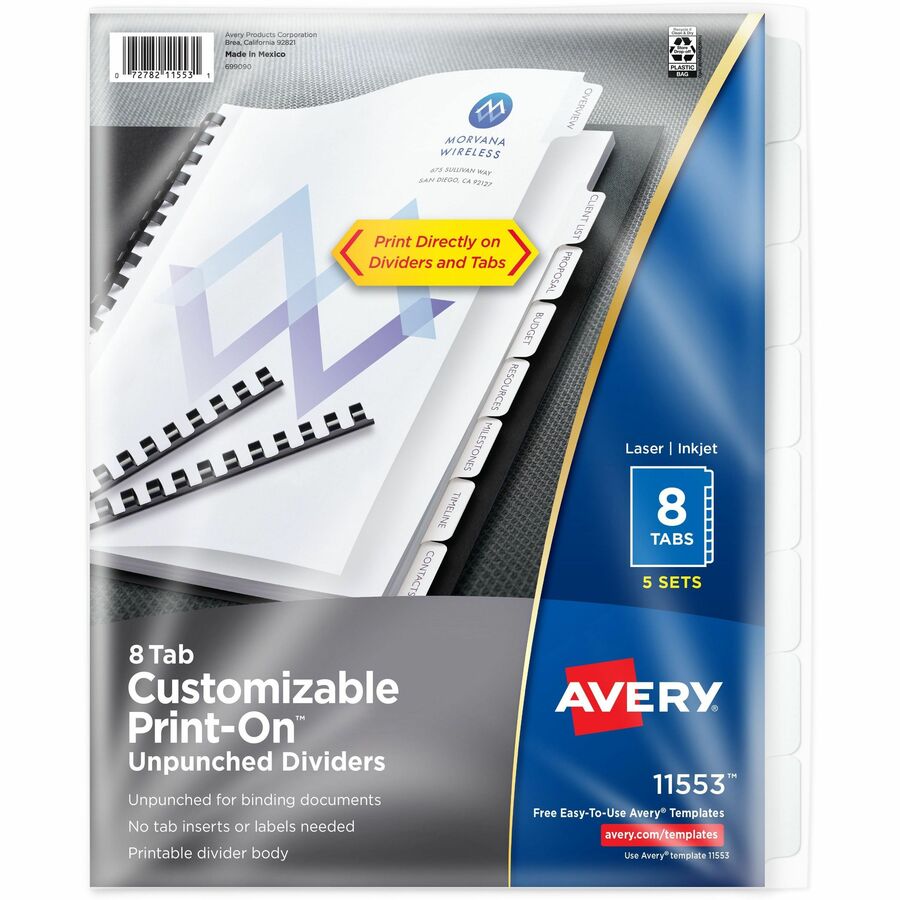 Avery® Unpunched Print-On Dividers - 40 x Divider(s) - Print-on Tab(s) - 8 - 8 Tab(s)/Set - 8.5" Divider Width x 11" Divider Length - White Paper Divider - White Paper Tab(s) - 5 / Box
