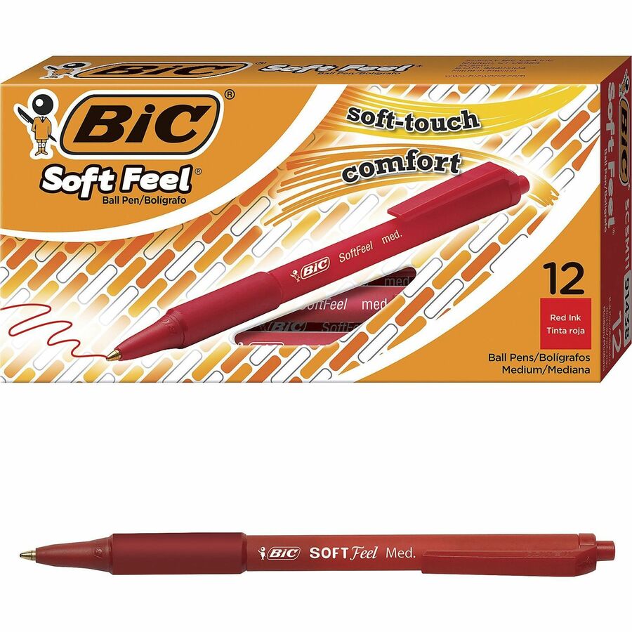 BIC SoftFeel Retractable Ball Pens - Medium Pen Point - 0.8 mm Pen Point Size - Retractable - Red - Red Rubber Barrel - 1 Dozen