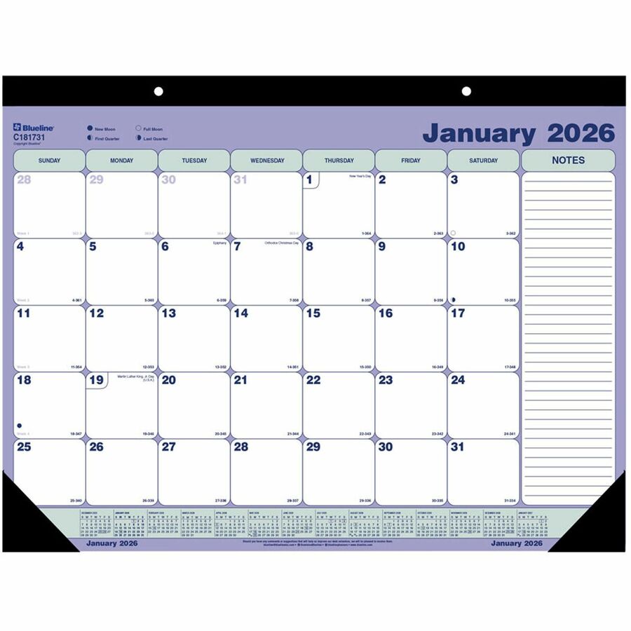 Blueline Monthly Desk/Wall Calendar 2023 - Monthly - 1 Year - January 2024 - December 2024 - 1 Month Single Page Layout - 21 1/4" x 16" Sheet Size - Desk Pad - White - Paper - Hanging Loop, Tear-off - 1 Each