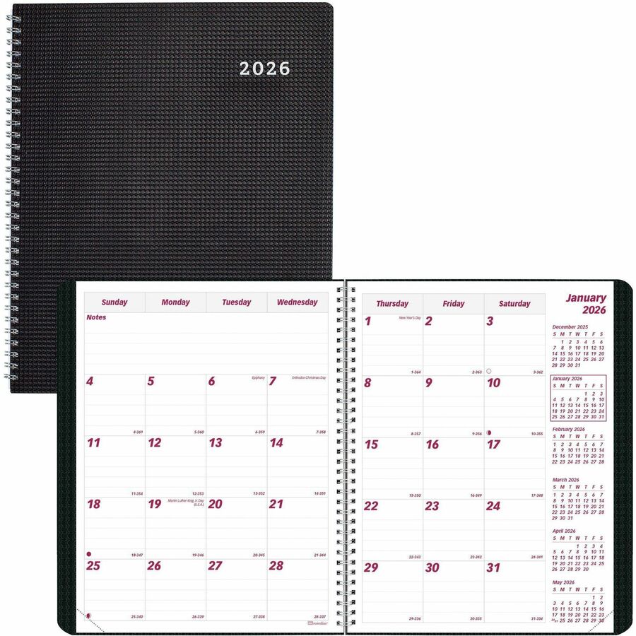 Brownline Monthly Planner - Julian Dates - Monthly - 14 Month - December 2023 - January 2025 - 1 Month Double Page Layout - 7 1/8" x 8 7/8" Sheet Size - Twin Wire - Black - Poly - Textured Cover, Heavy Duty, Moon Phases, Reference Calendar, Tear-off, Phone Directory, Address Directory - 1 Each