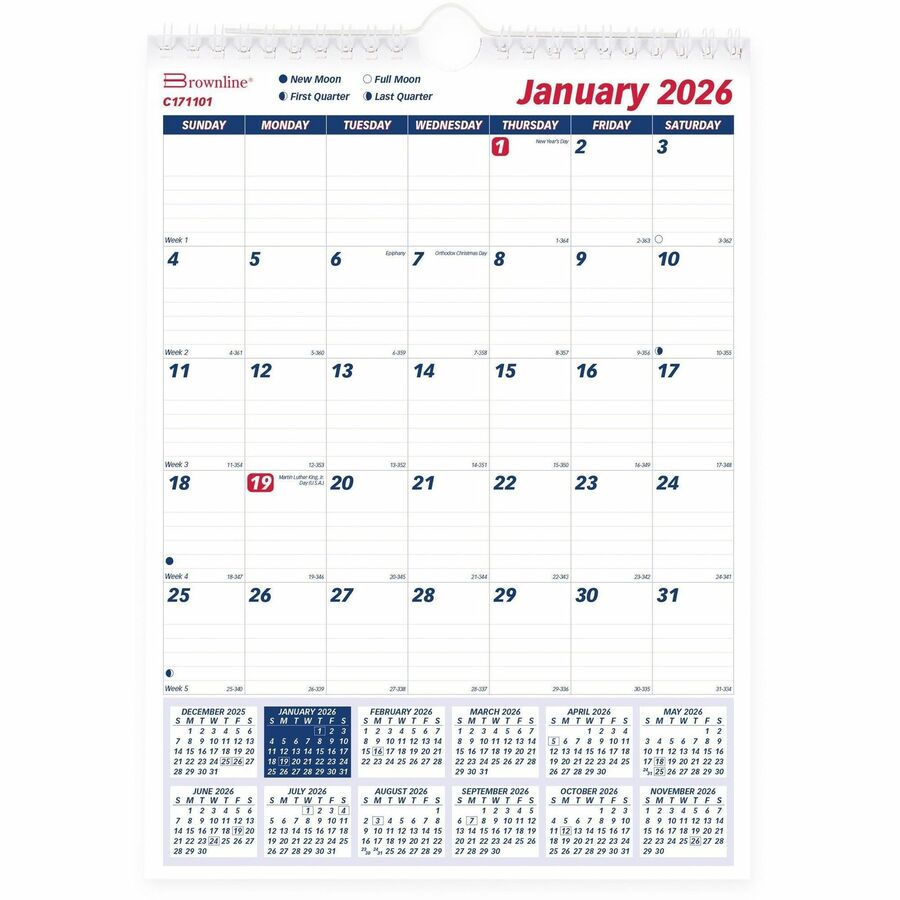 Brownline Ruled Block Wall Calendar - Professional - Julian Dates - Monthly - 1 Year - January 2024 - December 2024 - 1 Month Single Page Layout - 8" x 11" White Sheet - Twin Wire - White - Paper - 1 Each