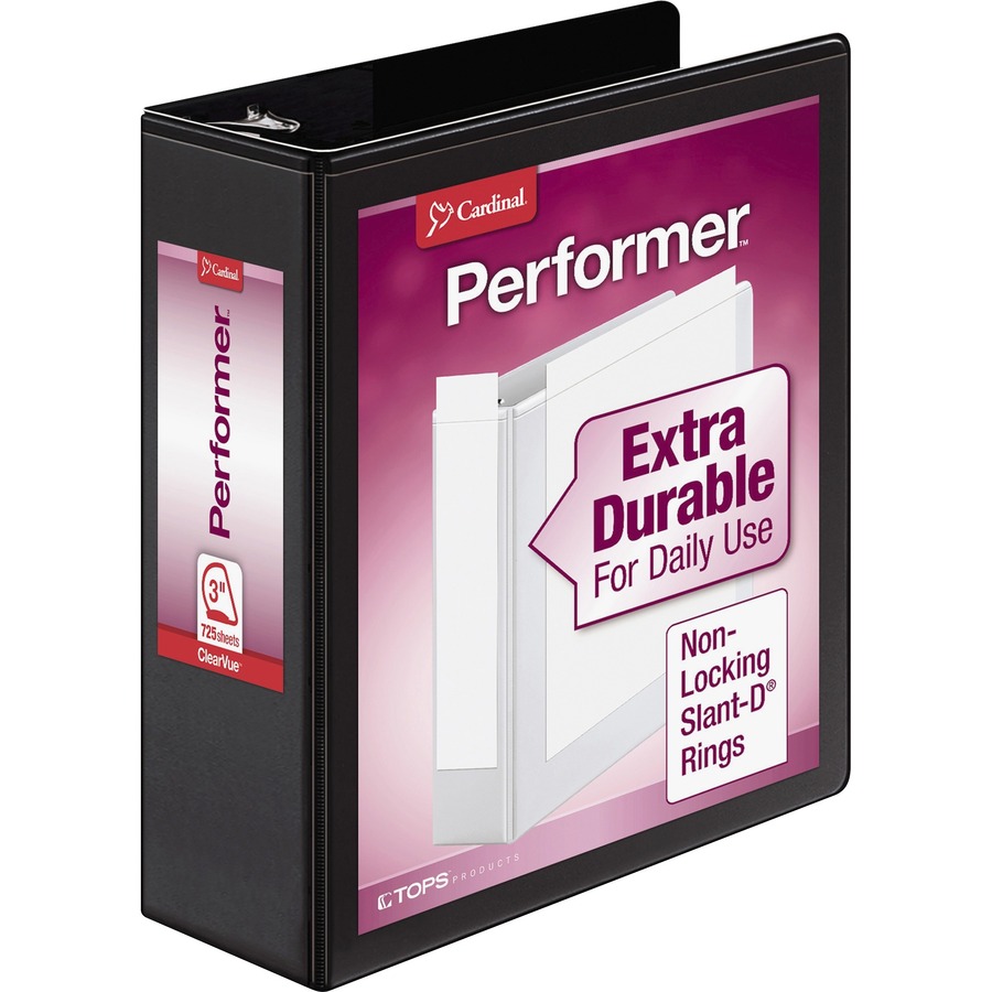 Cardinal Performer ClearVue Slant-D Ring Binder - 3" Binder Capacity - Letter - 8 1/2" x 11" Sheet Size - 725 Sheet Capacity - 2 29/32" Spine Width - 3 x D-Ring Fastener(s) - 2 Inside Front & Back Pocket(s) - Vinyl - Black - 1.78 lb - Label Holder, Hinged, Sheet Lifter, Locking Ring, Clear Overlay, Spill Proof, Finger Hole, Non Locking Mechanism - 1 Each