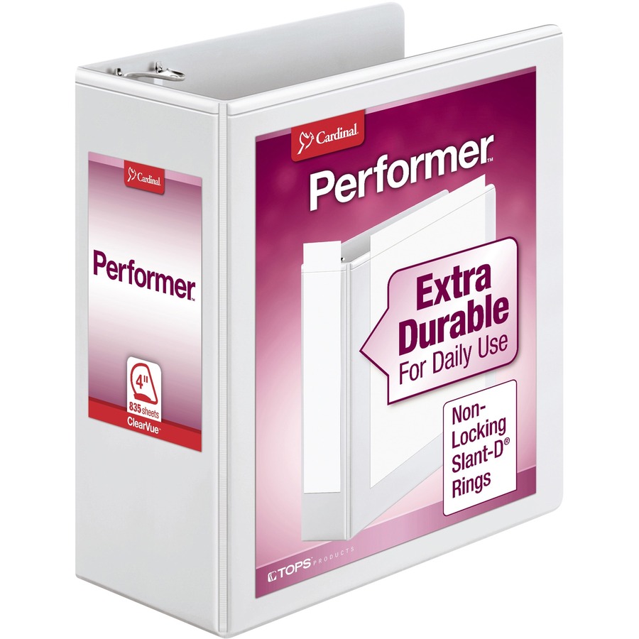 Cardinal Performer ClearVue Slant-D Ring Binder - 4" Binder Capacity - Letter - 8 1/2" x 11" Sheet Size - 835 Sheet Capacity - 3 3/5" Spine Width - 3 x D-Ring Fastener(s) - 2 Inside Front & Back Pocket(s) - Vinyl - White - 2.14 lb - Hinged, Sheet Lifter, Clear Overlay, Locking Ring, Non Locking Mechanism - 1 Each