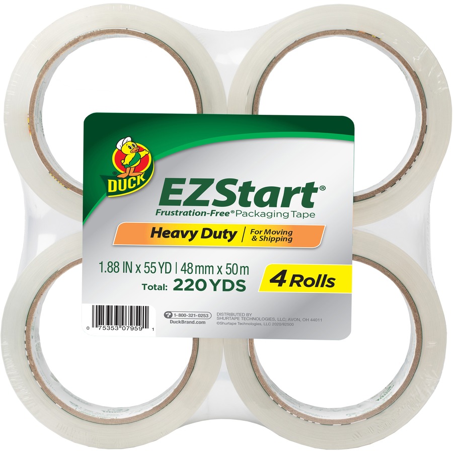 Duck Brand EZ Start Crystal Clear Packaging Tape - 54.60 yd Length x 1.88" Width - 2.6 mil Thickness - 3" Core - Acrylic - 4 / Pack - Crystal Clear