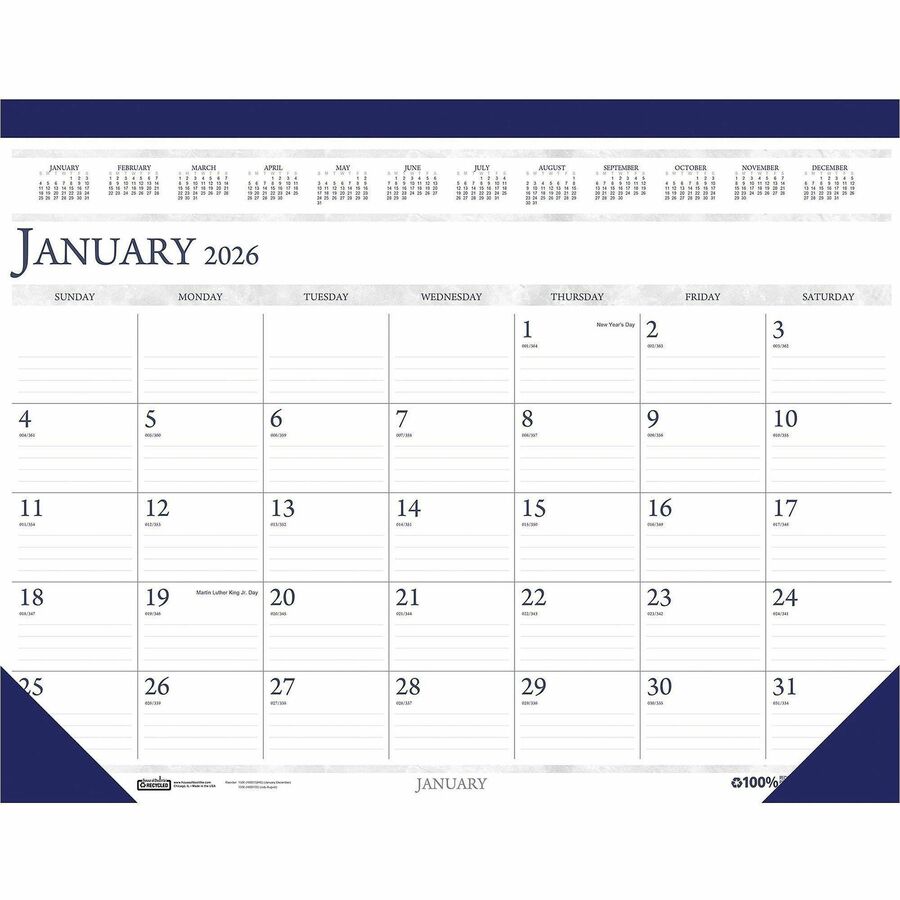 House of Doolittle Deep Blue Print 18.5" Desk Pad Calendar - Julian Dates - Monthly - 12 Month - January 2024 - December 2024 - 1 Month Single Page Layout - 18 1/2" x 13" White Sheet - 1.75" x 2.37" Block - Headband - Desk Pad - Blue, Gray - Leatherette, Vinyl, Simulated Leather - Perforated, Reference Calendar, Reinforced Corner, Compact - 1 Each