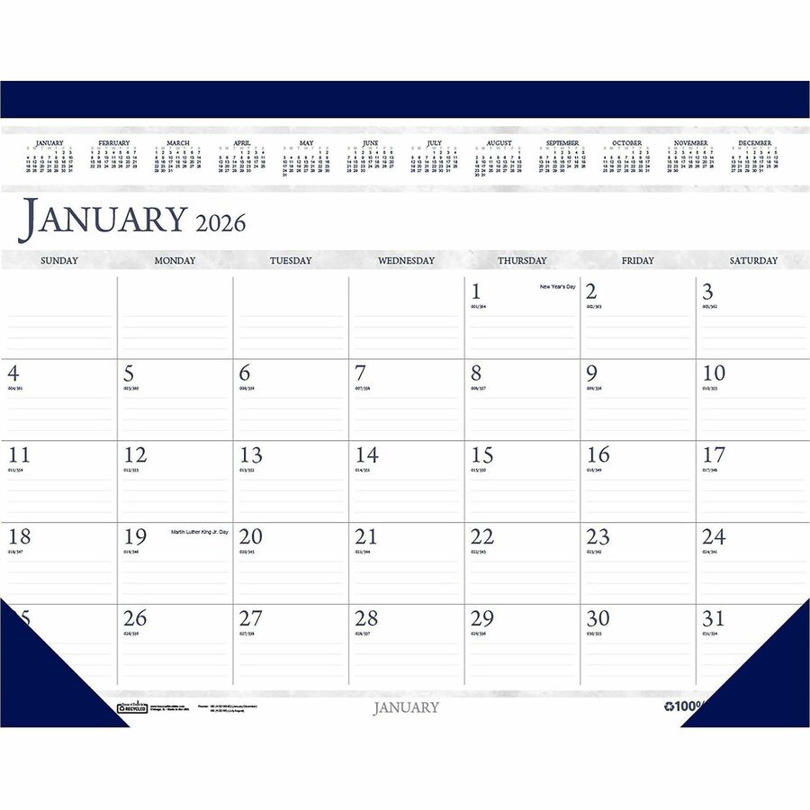 House of Doolittle Perforated Top Desk Pad Calendar - Julian Dates - Monthly - 12 Month - January 2024 - December 2024 - 1 Month Single Page Layout - 22" x 17" Sheet Size - 2.13" x 3" Block - Desk Pad - Blue - Vinyl, Leather - 17" Height x 22" Width - Perforated - 1 Each