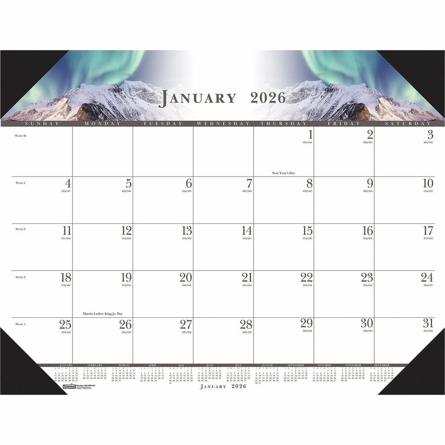 House of Doolittle Recycled Illustrated Desk Pad Calendar - Julian Dates - Monthly - January 2024 - December 2024 - 1 Month Single Page Layout - 22" x 17" Sheet Size - 2.38" x 2.88" Block - Desk Pad - White - Leatherette, Paper - 1 Each