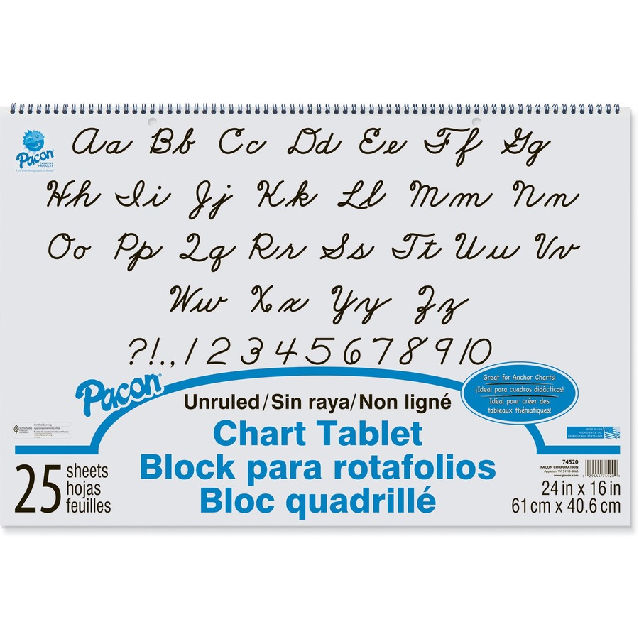 Pacon Unruled Chart Tablet - 25 Sheets - Plain - Spiral Bound - Unruled - 24" x 16" - White Paper - Stiff Cover - Sturdy Back, Recyclable - 1 Each