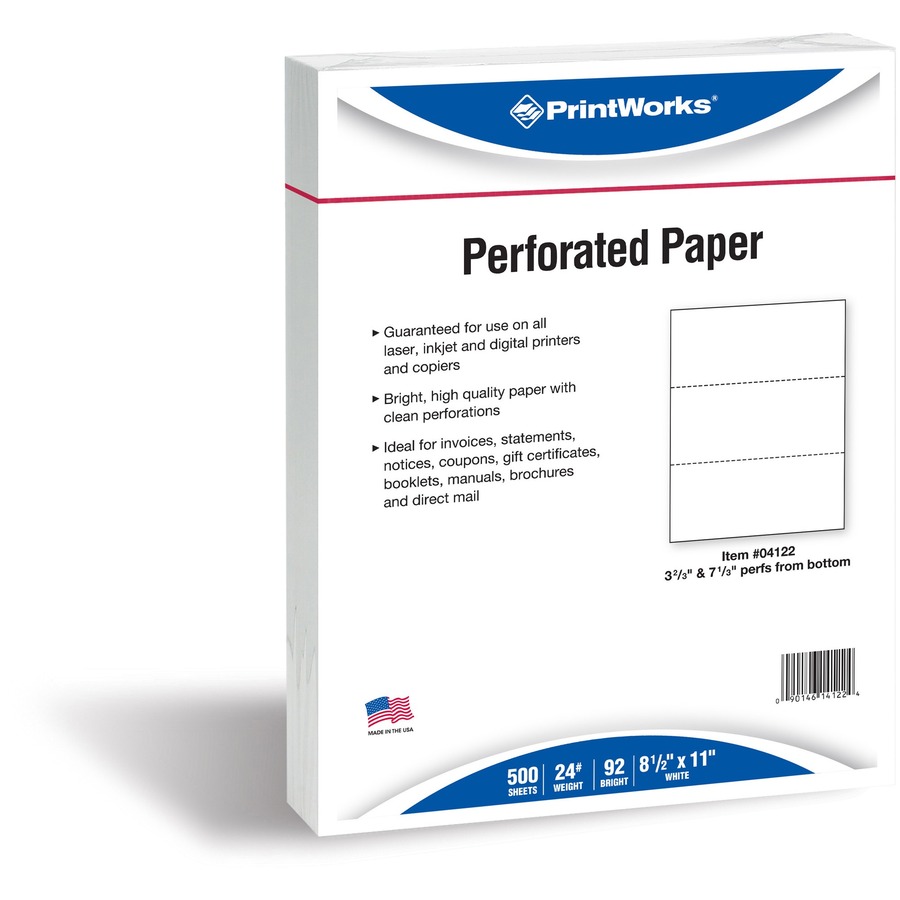 PrintWorks Professional Pre-Perforated Paper for Invoices, Statements, Gift Certificates & More - Letter - 8 1/2" x 11" - 24 lb Basis Weight - 500 / Ream - Perforated