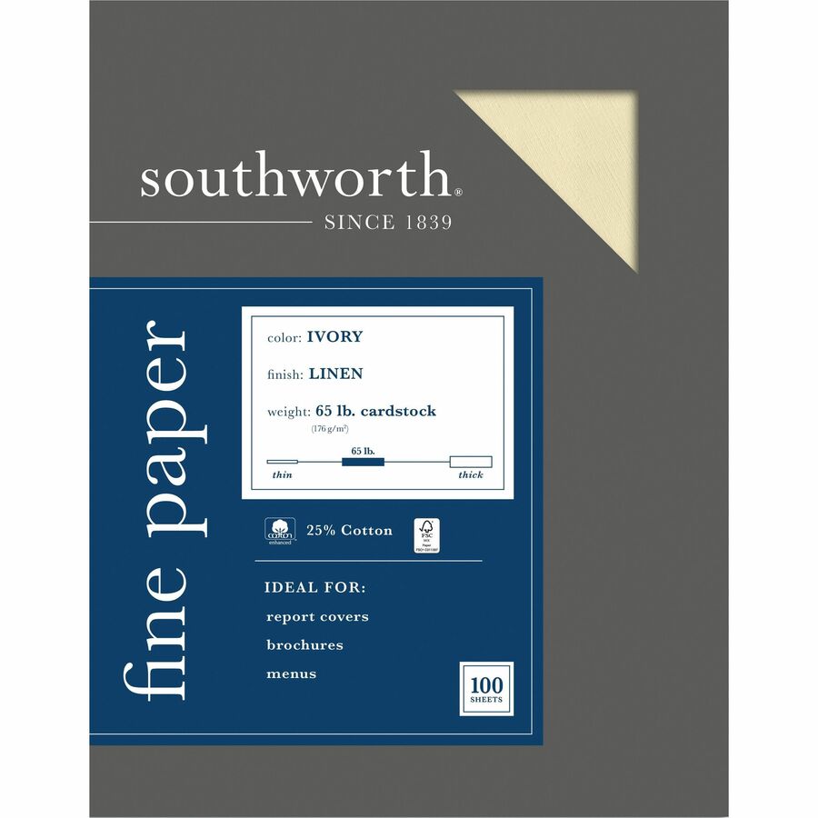 Southworth 25% Cotton Linen Business Cover Stock - Letter - 8 1/2" x 11" - 65 lb Basis Weight - Linen, Textured - 100 / Box - FSC - Acid-free, Lignin-free