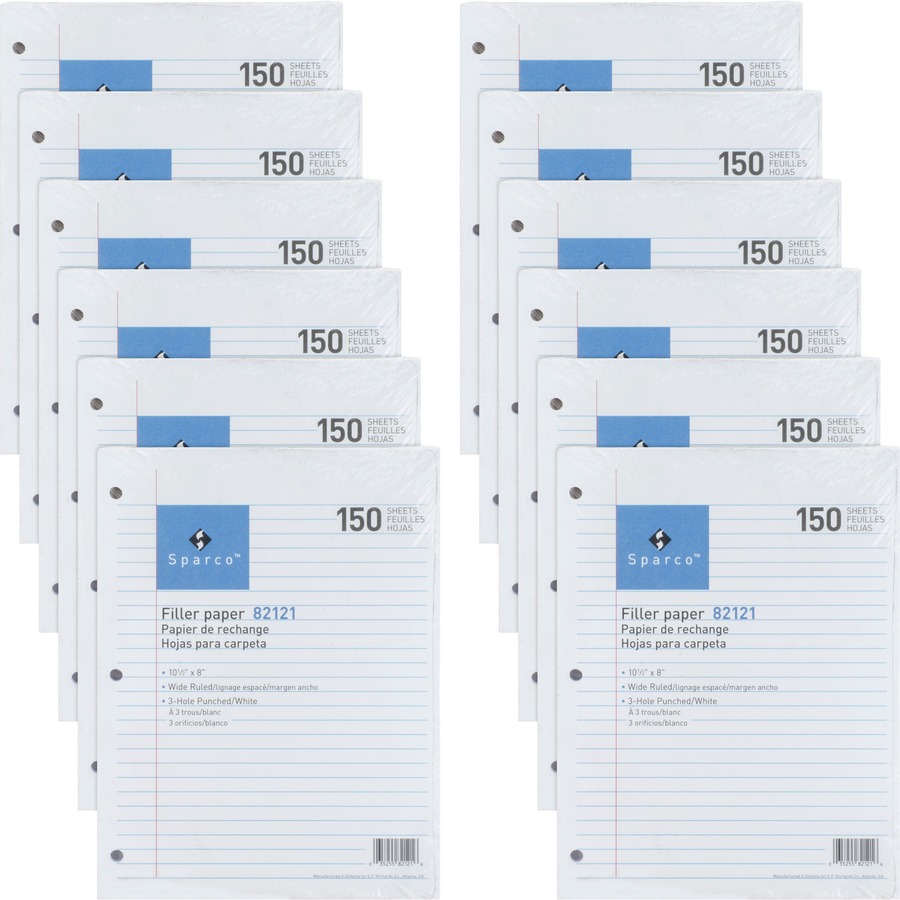 Sparco 3HP Filler Paper - 1800 Sheets - Wide Ruled - 16 lb Basis Weight - 8" x 10 1/2" - White Paper - Bleed-free - 12 / Bundle