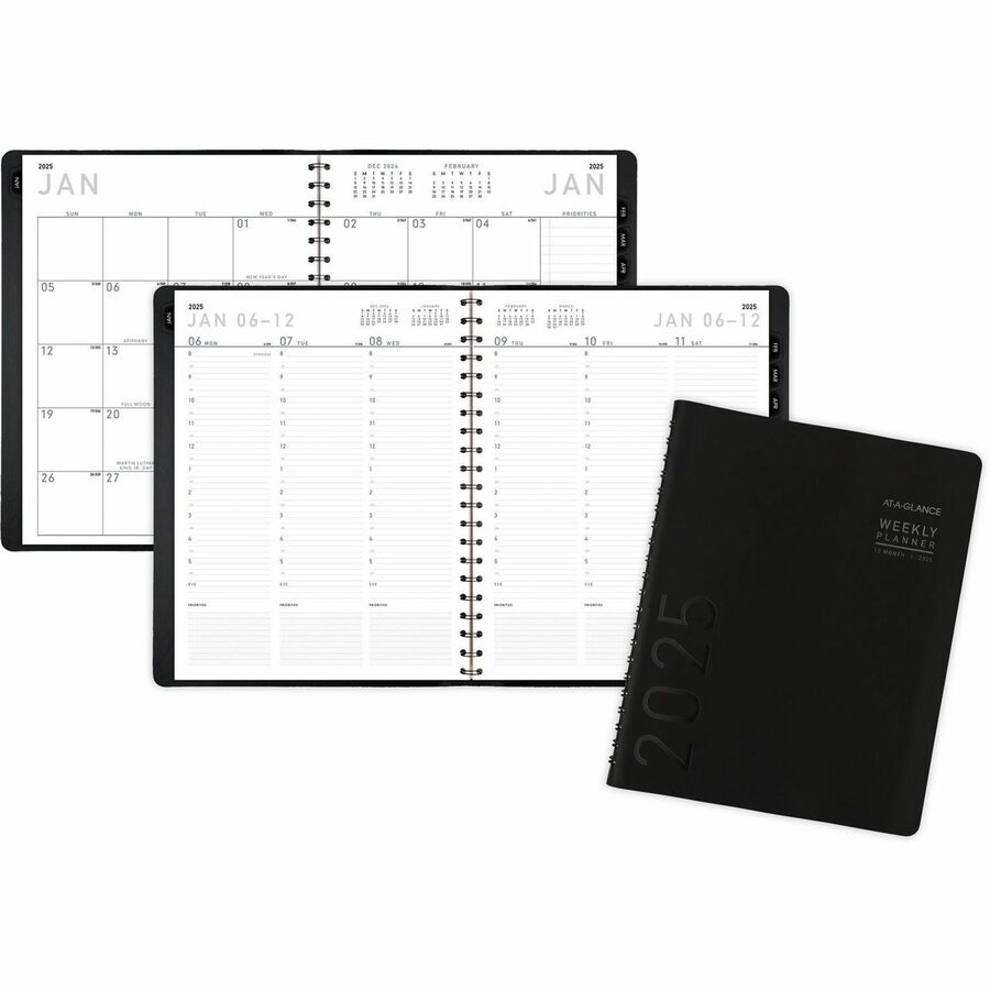 At-A-Glance Contemporary Planner - Julian Dates - Weekly, Monthly - 1 Year - January 2024 - December 2024 - 8:00 AM to 5:30 PM - Half-hourly - 1 Week, 1 Month Double Page Layout - 8 1/4" x 10 7/8" Sheet Size - Wire Bound - Simulated Leather - Black - 11.4" Height x 8.9" Width - Textured Cover, Appointment Schedule, Reference Calendar, Tabbed, Notepad - 1 Each
