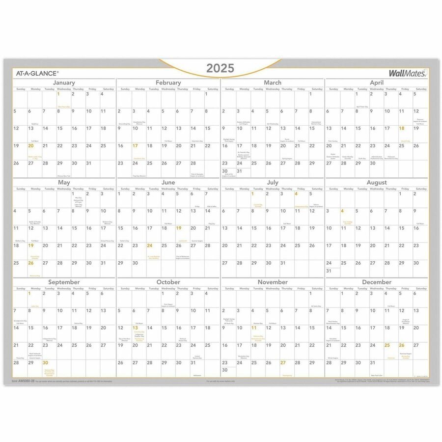 At-A-Glance WallMates Dry-Erase Self-Adhesive Yearly Wall Planner - Yearly - 12 Month - January - December - 18" x 24" Sheet Size - White - Erasable, Self-adhesive, Dry Erase Surface - 1 Each