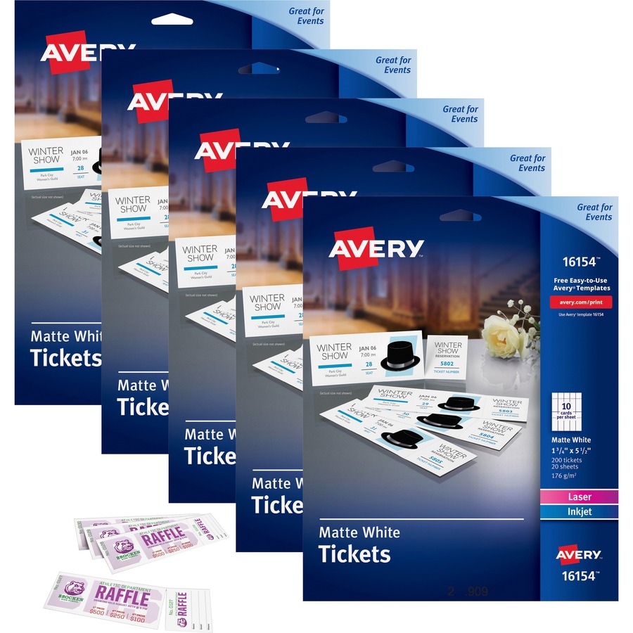 Avery® Blank Tickets with Tear-Away Stubs - 1 3/4" x 5 1/2" Length - Laser, Inkjet - Matte White - 20 / Sheet - 1000 / Carton