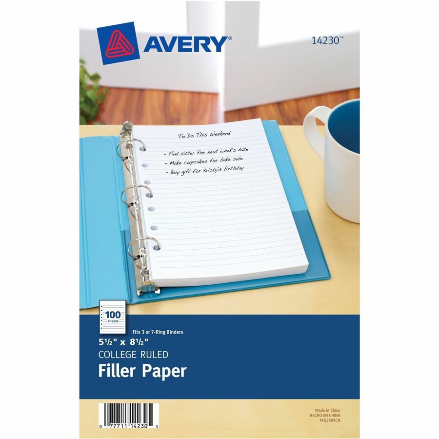 Avery® Filler paper for 3-Ring/7-Ring Mini Binders - College Ruled - 7 Hole(s) - 5 1/2" x 8 1/2" - White Paper - Mediumweight - 100 / Pack