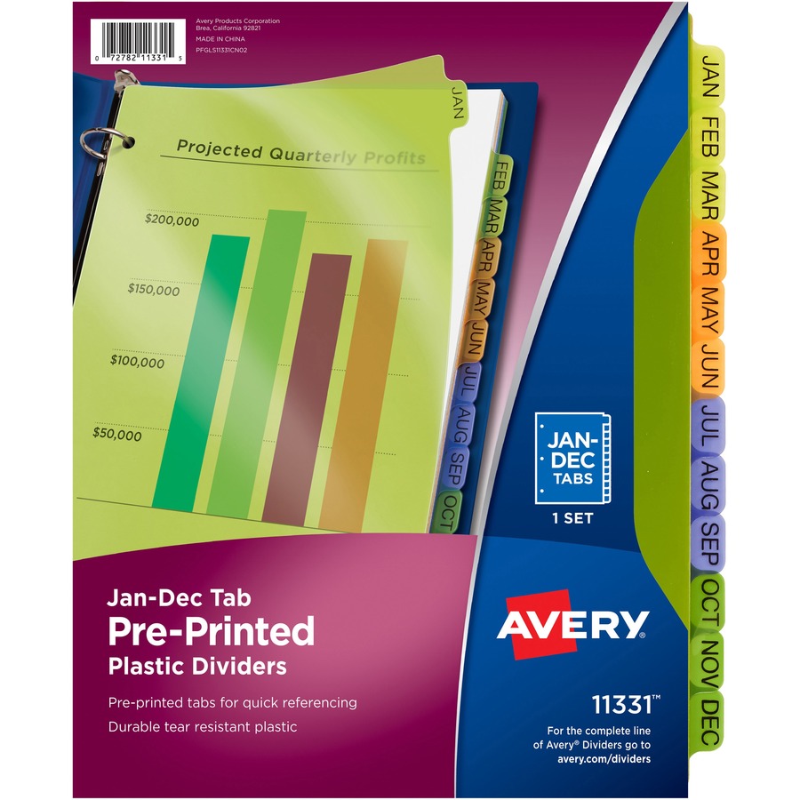 Avery® Preprinted Monthly Tabs Plastic Dividers - 12 x Divider(s) - Jan-Dec - 12 Tab(s)/Set - 8.5" Divider Width x 11" Divider Length - 3 Hole Punched - Multicolor Plastic Divider - Multicolor Plastic Tab(s) - 1 / Set