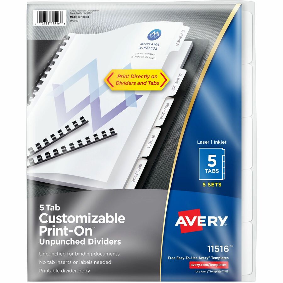 Avery® Unpunched Print-On Dividers - 25 x Divider(s) - Print-on Tab(s) - 5 - 5 Tab(s)/Set - 8.5" Divider Width x 11" Divider Length - White Paper Divider - White Paper Tab(s) - 5 / Box