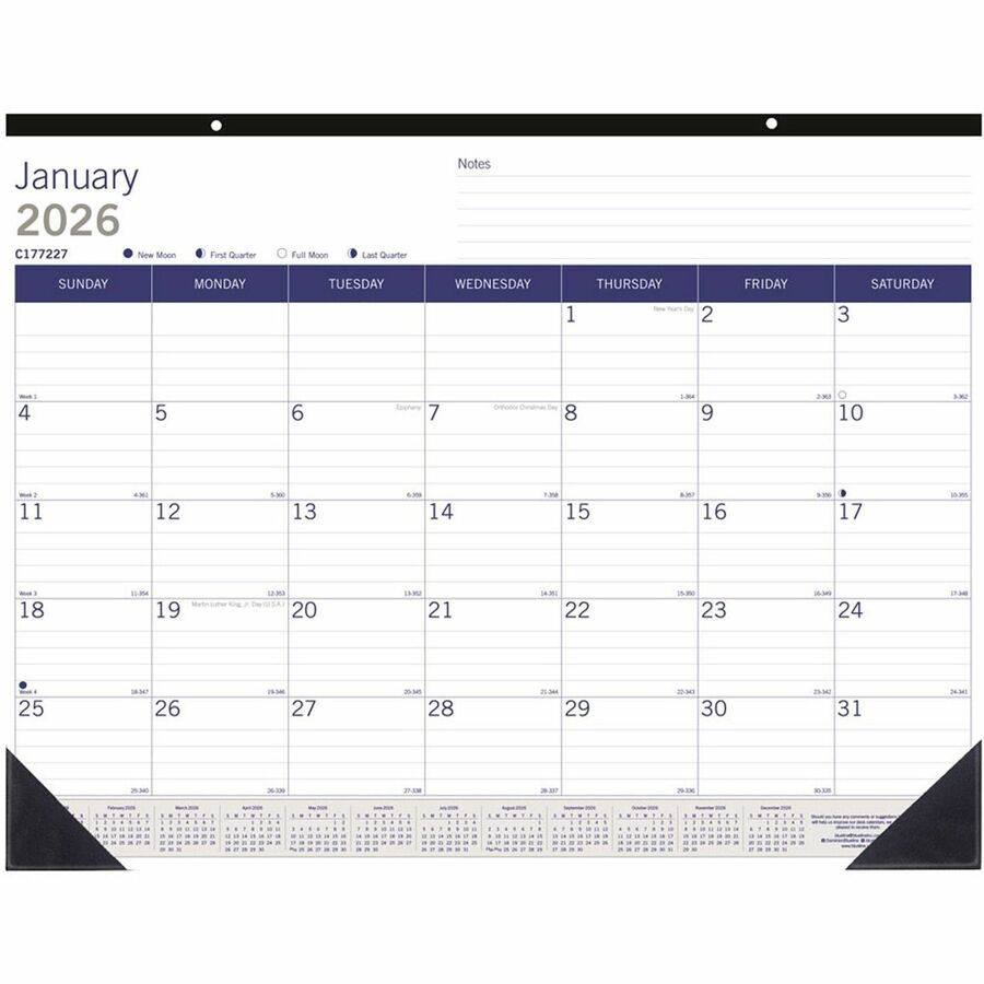 Blueline DuraGlobe Monthly Desk Pad Calendar - Julian Dates - Monthly - 12 Month - January 2024 - December 2024 - 1 Month Single Page Layout - 22" x 17" Sheet Size - Desk Pad - Chipboard, Paper - Reference Calendar, Eco-friendly, Notepad, Reinforced - 1 Each