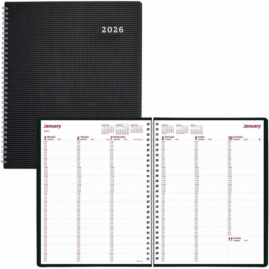 Brownline DuraFlex Weekly Planner - Julian Dates - Weekly - 12 Month - January 2024 - December 2024 - 7:00 AM to 8:45 PM - Quarter-hourly, 7:00 AM to 5:45 PM - Quarter-hourly - 1 Week Single Page Layout - 11" x 8 1/2" Sheet Size - Twin Wire - Black - Poly - Heavy Duty, Textured Cover, Appointment Schedule, Address Directory, Phone Directory, Reference Calendar, Flexible Cover - 1 Each