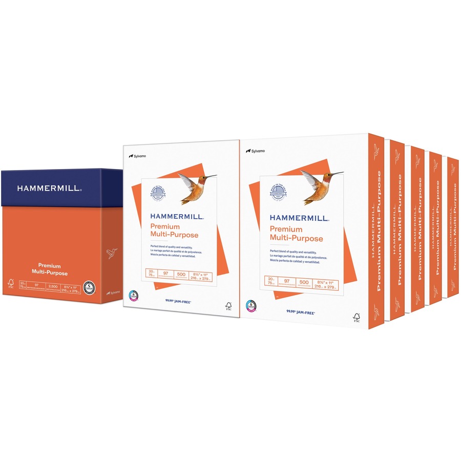 Hammermill Premium Multipurpose Paper - White - 97 Brightness - Letter - 8 1/2" x 11" - 20 lb Basis Weight - Smooth - 10 / Carton - FSC - Jam-free, Archival-safe, Acid-free