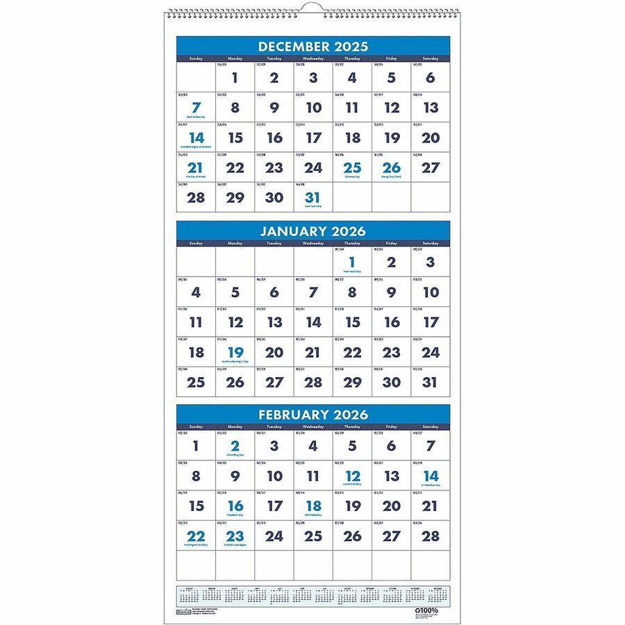House of Doolittle 3-month Vertical 17" Wall Calendar - Julian Dates - Monthly - 14 Month - December 2023 - January 2025 - 3 Month Single Page Layout - 8" x 17" Sheet Size - 1" x 1.06" Block - Wire Bound - Blue, Green - Paper - Reference Calendar, Hanging Loop - 1 Each