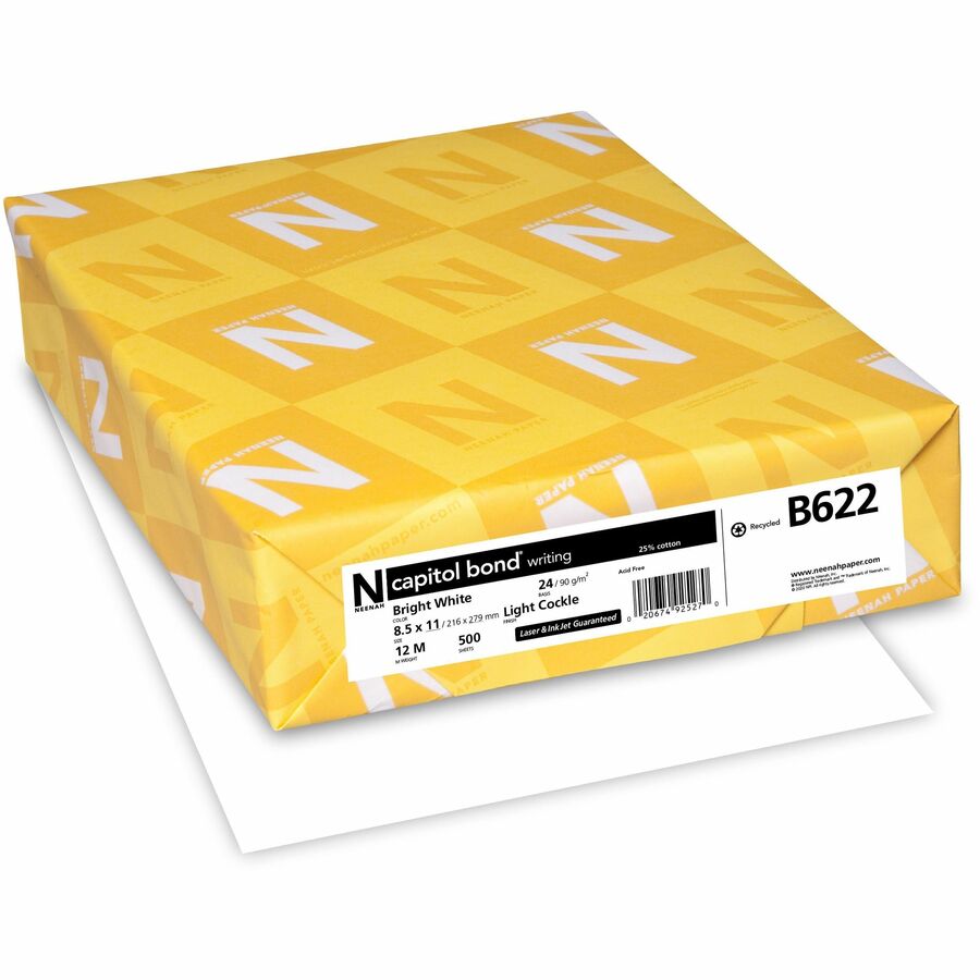 Neenah Capitol Bond Paper - White - 96 Brightness - Letter - 8 1/2" x 11" - 24 lb Basis Weight - Light Cockle - 500 / Ream - Archival-safe, Watermarked