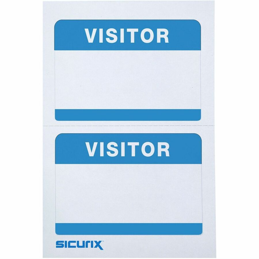 SICURIX Self-adhesive Visitor Badge - 3 1/2" x 2 1/4" Length - Removable Adhesive - Rectangle - White, Blue - 100 / Box - Self-adhesive, Easy Peel