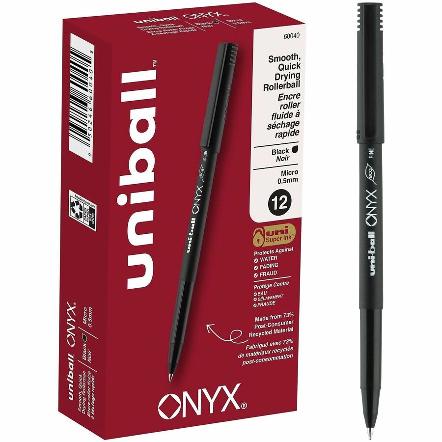 uniball™ Onyx Rollerball Pens - Micro Pen Point - 0.5 mm Pen Point Size - Conical Pen Point Style - Black Dye-based Ink - Matte Black Barrel - Metal Tip - 1 Dozen