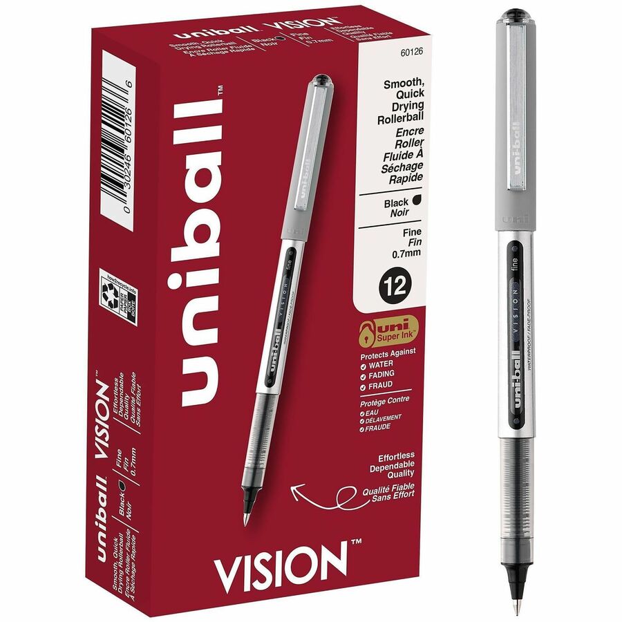uniball™ Vision Rollerball Pens - Fine Pen Point - 0.7 mm Pen Point Size - Black Pigment-based Ink - 1 Dozen