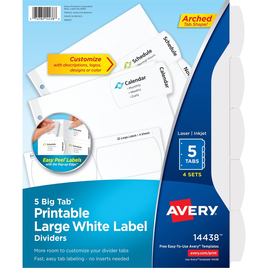 Avery® Big Tab Printable Large White Label Dividers - 20 x Divider(s) - 5 - 5 Tab(s)/Set - 8.5" Divider Width x 11" Divider Length - 3 Hole Punched - White Paper Divider - White Paper Tab(s) - 4 / Pack