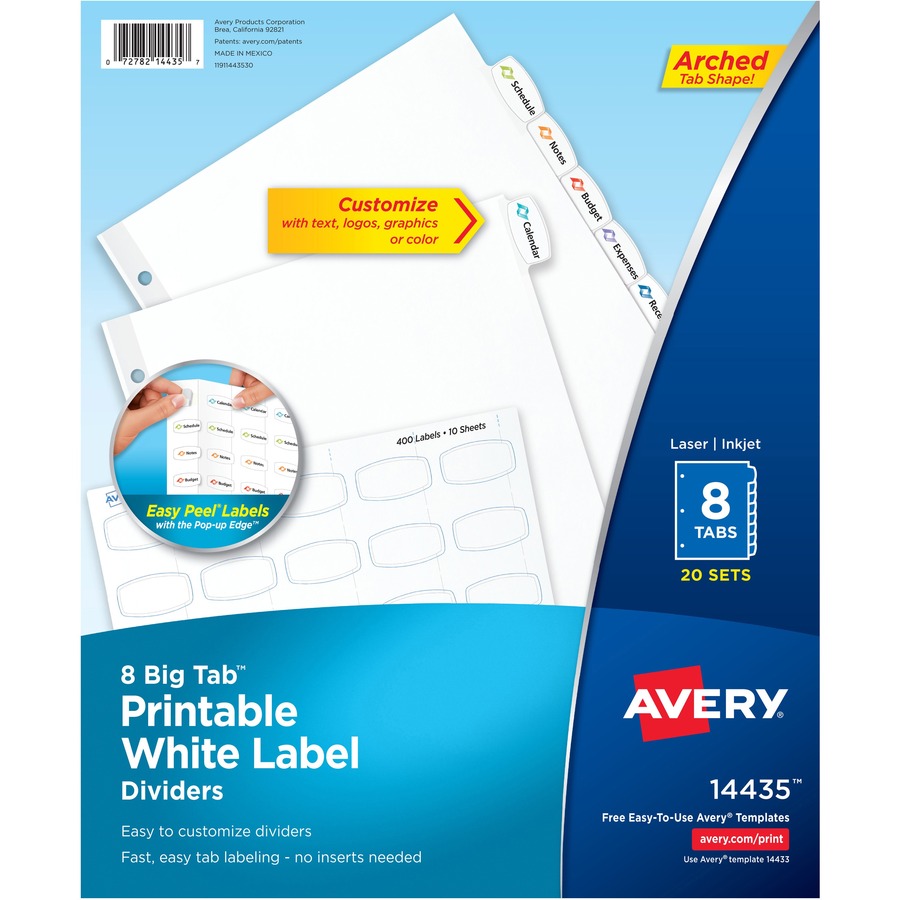 Avery® Big Tab Printable White Label Dividers - 160 x Divider(s) - 8 - 8 Tab(s)/Set - 8.5" Divider Width x 11" Divider Length - 3 Hole Punched - White Paper Divider - White Paper Tab(s) - 20 / Box