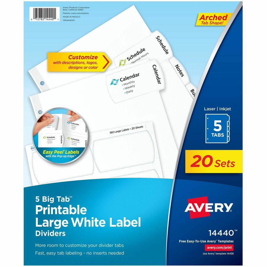Avery® Big Tab Tab Divider - 100 x Divider(s) - 5 - 5 Tab(s)/Set - 8.5" Divider Width x 11" Divider Length - 3 Hole Punched - White Paper Divider - White Paper Tab(s) - 20 / Box