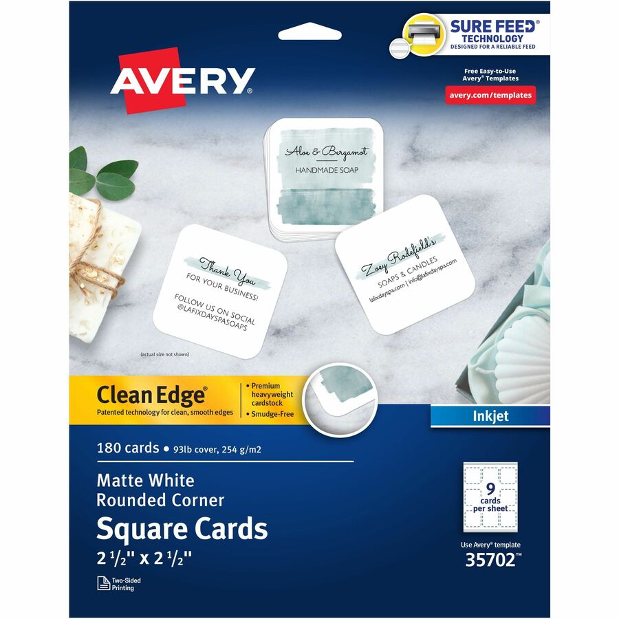 Avery® Clean Edge Square Cards, Rounded Corners, 2.5" x 2.5" (35702) - 110 Brightness8 1/2" x 11" - 93 lb Basis Weight - 254 g/m² Grammage - Matte - 180 / Pack - Printable, Rounded Corner, Die-cut, Smooth Edge, Print-to-the-edge, Perforated, Avery Clean Edge Technology, Double-sided, Process Chlorine-free, PVC-free