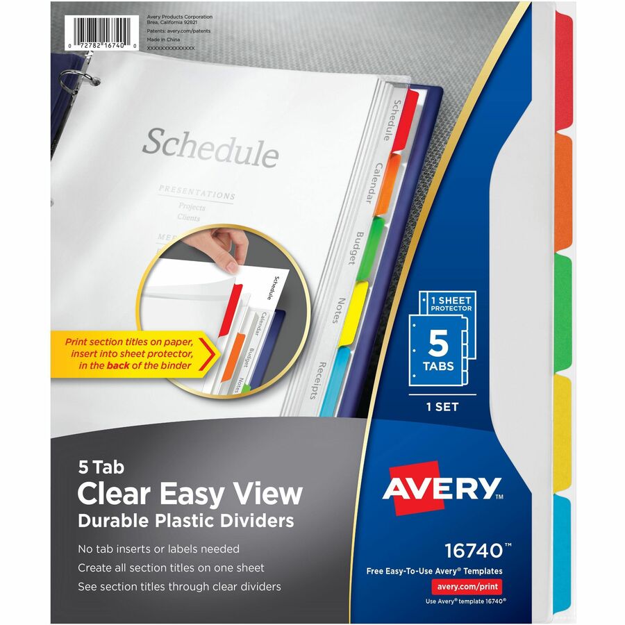 Avery® Easy View Plastic Dividers - 5 x Divider(s) - 5 - 5 Tab(s)/Set - 8.5" Divider Width x 11" Divider Length - 3 Hole Punched - Clear Plastic Divider - Multicolor Plastic Tab(s) - 5 / Set