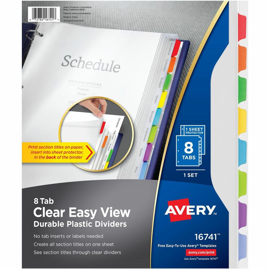 Avery® Easy View Plastic Dividers - 8 x Divider(s) - 8 - 8 Tab(s)/Set - 8.5" Divider Width x 11" Divider Length - 3 Hole Punched - Clear Plastic Divider - Multicolor Plastic Tab(s) - 8 / Set