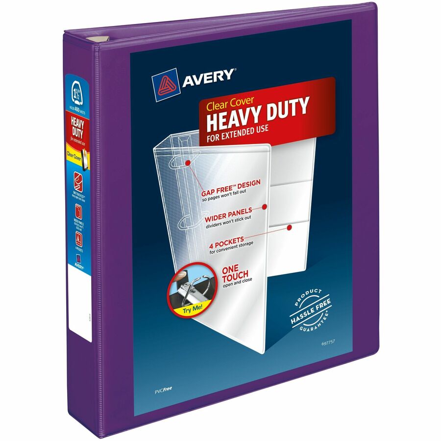 Avery® Heavy-Duty View Binders - Locking One Touch EZD Rings - 1 1/2" Binder Capacity - Letter - 8 1/2" x 11" Sheet Size - 400 Sheet Capacity - Ring Fastener(s) - 4 Pocket(s) - Polypropylene - Recycled - Cover, Spine, Divider, One Touch Ring, Gap-free Ring, Non-stick, Heavy Duty, Pocket, Locking Ring - 1 Each