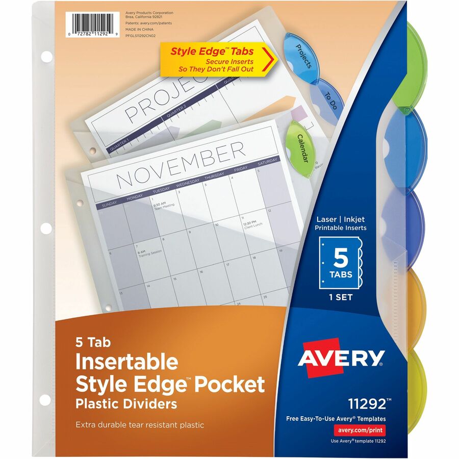 Avery® Insertble Style Edge Plastic Pocket Dividers - 5 x Divider(s) - 5 - 5 Tab(s)/Set - 9.3" Divider Width x 11.25" Divider Length - 3 Hole Punched - Translucent Plastic Divider - Multicolor Plastic Tab(s) - 2