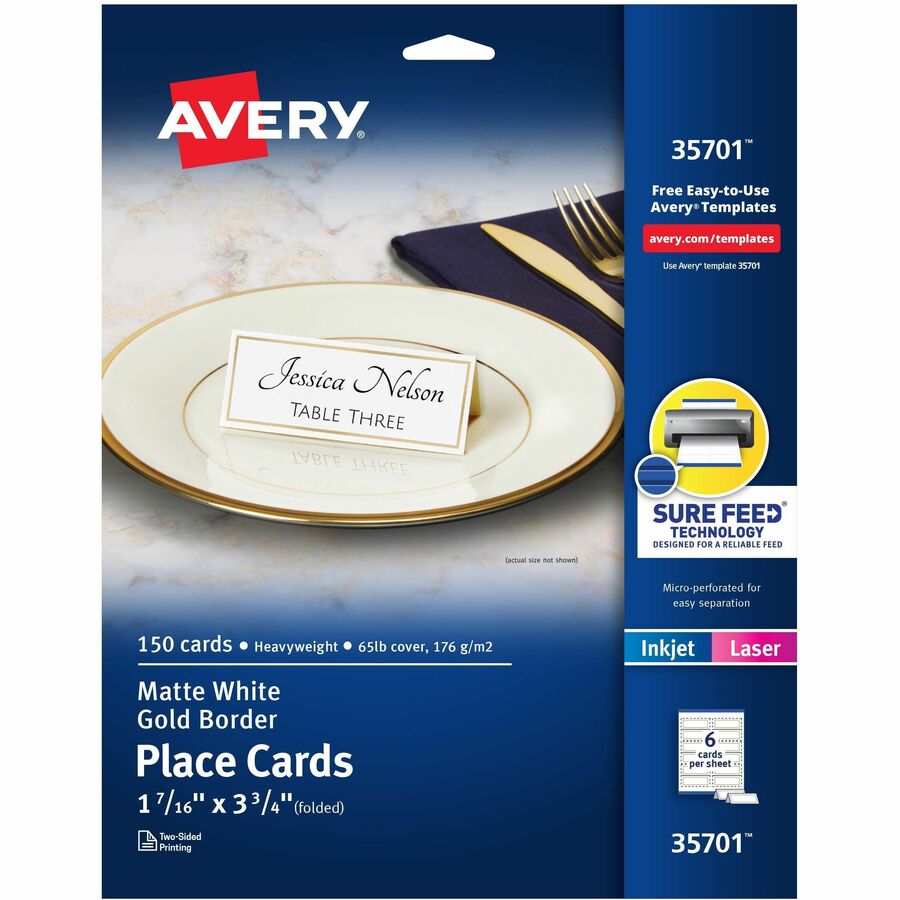 Avery® Place Cards With Gold Border 1-7/16" x 3-3/4" , 65 lbs. 150 Cards - 97 Brightness3 3/4" x 1 7/16" - 65 lb Basis Weight - 176 g/m² Grammage - Matte - 5 / Pack - FSC Mix - Perforated, Print-to-the-edge, Pre-scored
