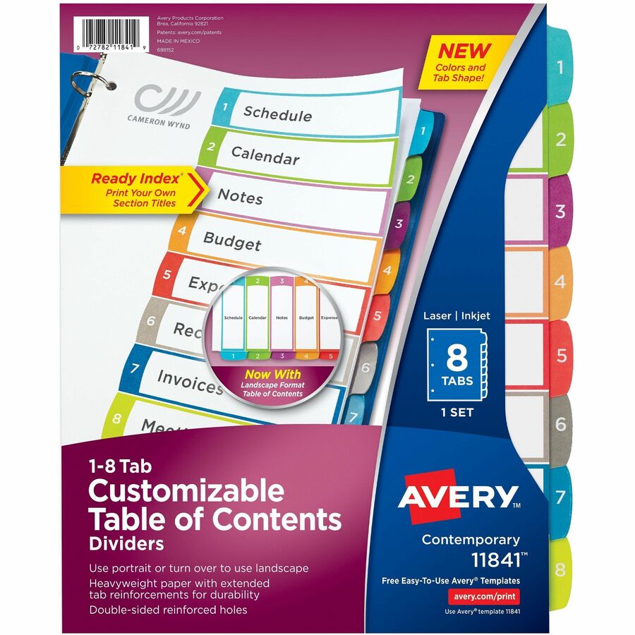 Avery® Ready Index Custom TOC Binder Dividers - 8 x Divider(s) - 1-8, Table of Contents - 8 Tab(s)/Set - 8.5" Divider Width x 11" Divider Length - 3 Hole Punched - White Paper Divider - Multicolor Paper Tab(s) - 8 / Set