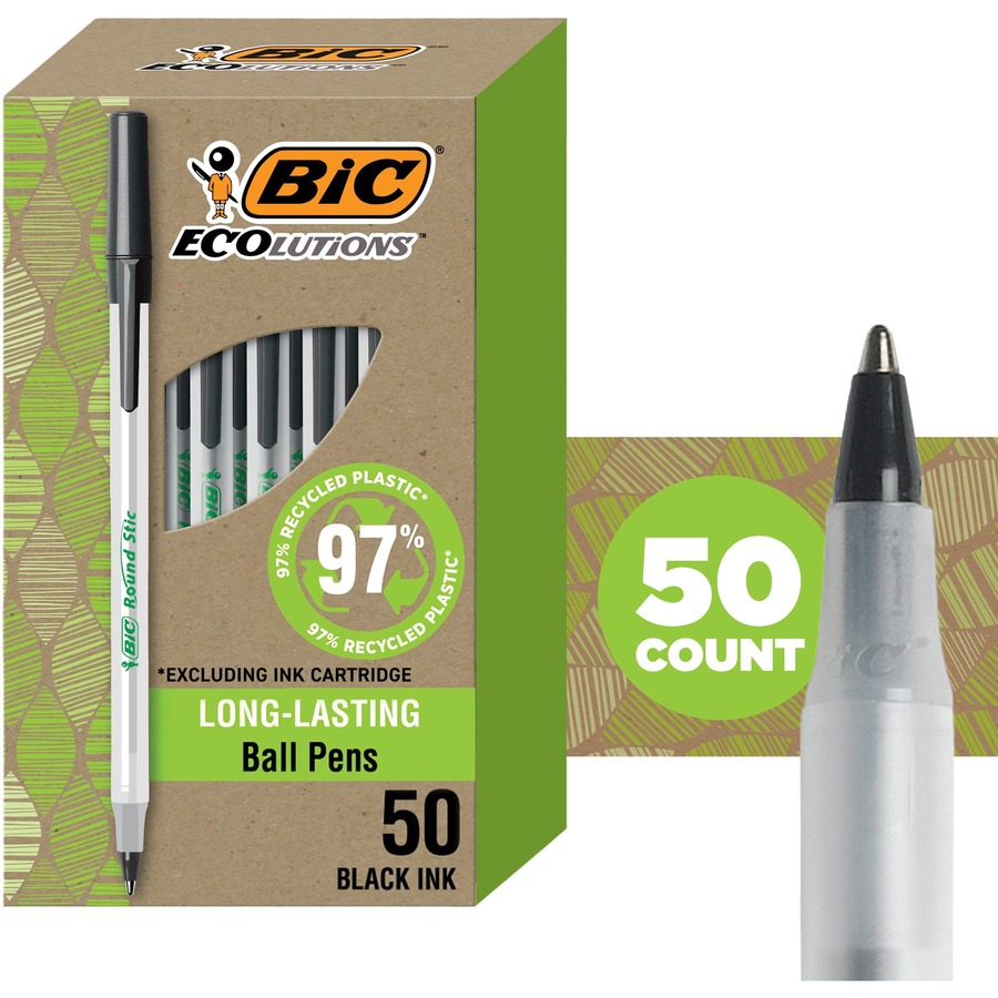 BIC Ecolutions Round Stic Ball Point Pen - Medium Pen Point - 1 mm Pen Point Size - Refillable - Black - Frost Polypropylene, Translucent Plastic Barrel - 50 / Box
