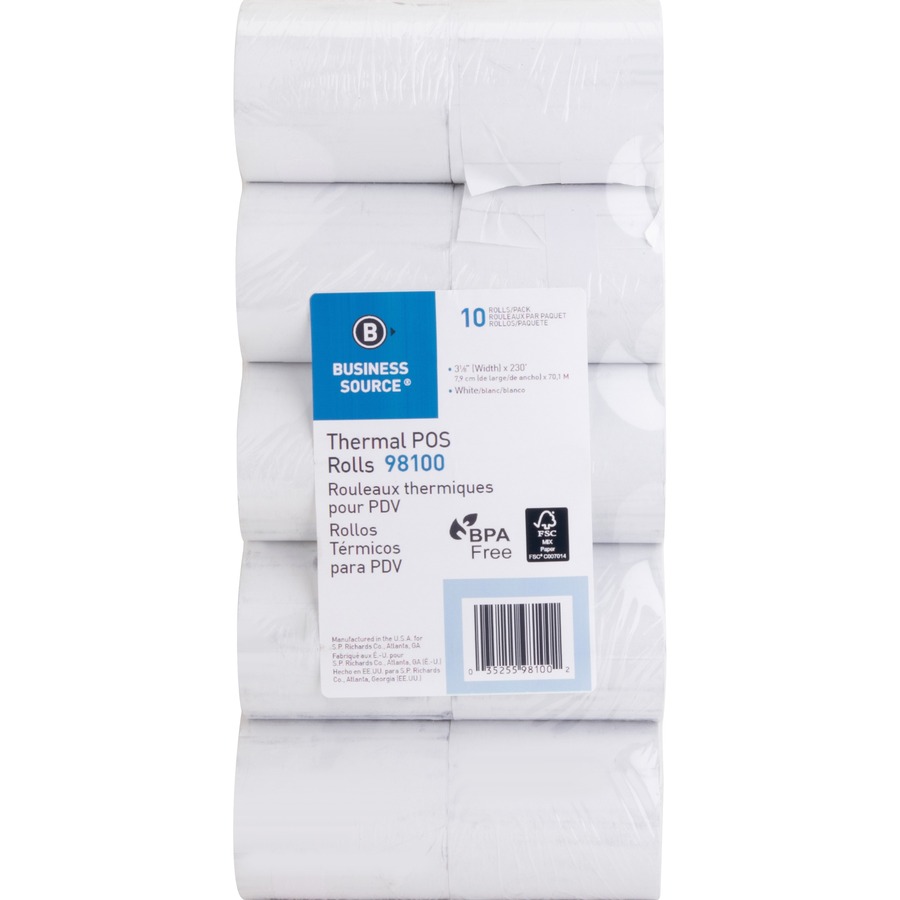 Business Source 3-1/8"x230' POS Receipt Thermal Rolls - 3 1/8" x 230 ft - 10 / Pack