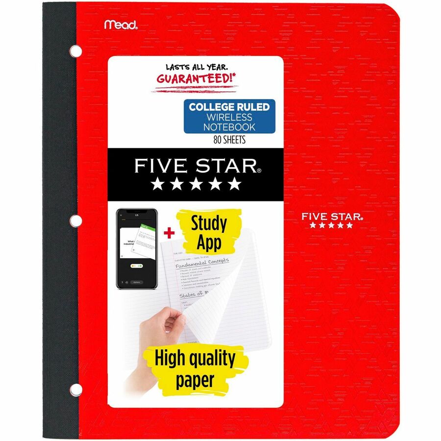 Five Star 11" 1-subject Wireless Notebook - 80 Sheets - Sewn - College Ruled - 3 Hole(s) - 9 1/8" x 11" - BlackPlastic Cover - Pocket, Perforated, Bleed Resistant, Easy Tear, Durable Cover - 1 Each