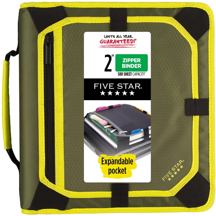 Five Star Zipper Binder With Expansion Panel, 2" Rings, Assorted Colors - 2" Binder Capacity - Letter - 8 1/2" x 11" Sheet Size - 380 Sheet Capacity - 3 x Round Ring Fastener(s) - 5 Pocket(s) - Fabric - Assorted - Zipper Closure, Expandable, Pen Loop, Hook & Loop Closure, Handle, Durable - 1 Each