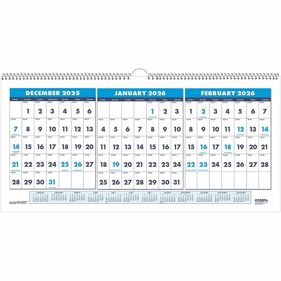 House of Doolittle 3-month Horizontal Wall Calendar - Julian Dates - Monthly - 14 Month - December 2023 - January 2025 - 1.13" x 1" Block - Wire Bound - Blue - 8" Height x 17" Width - Reference Calendar, Eyelet - 1 Each