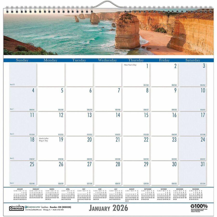House of Doolittle Coastlines Monthly Wall Calendar - Julian Dates - Monthly - 12 Month - January 2024 - December 2024 - 1 Month Single Page Layout - 1.38" x 1.50" Block - Wire Bound - Sea Blue - 12" Height x 12" Width - Reference Calendar, Eyelet - 1 Each