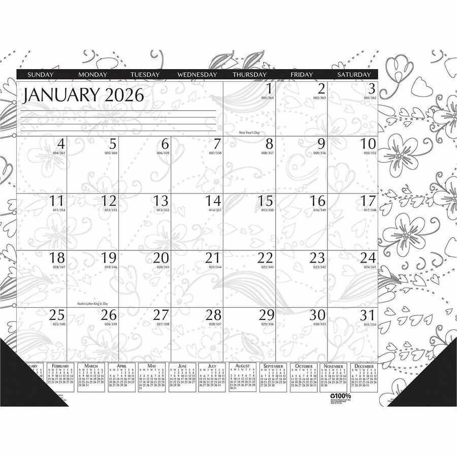 House of Doolittle Doodle Monthly Desk Pad - Julian Dates - Monthly - 12 Month - January 2024 - December 2024 - 1 Month Single Page Layout - Desk Pad - Black/White - Paper - 13" Height x 18.5" Width - Notes Area, Reference Calendar - 1 Each