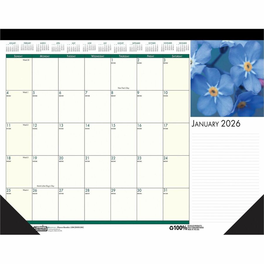 House of Doolittle EarthScapes Flowers 18-1/2" Desk Pad - Julian Dates - Monthly - 12 Month - January 2024 - December 2024 - 1 Month Single Page Layout - 18 1/2" x 13" Sheet Size - 1.50" x 1.87" Block - Headband - Desk Pad - Leatherette, Chipboard - Reinforced Corner, Reference Calendar, Notes Area - 1 Each